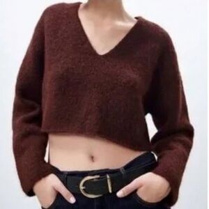 Zara Alpaca Wool Blend Sweater Crop Knit V Neck Red Burgundy Maroon size L Fuzzy